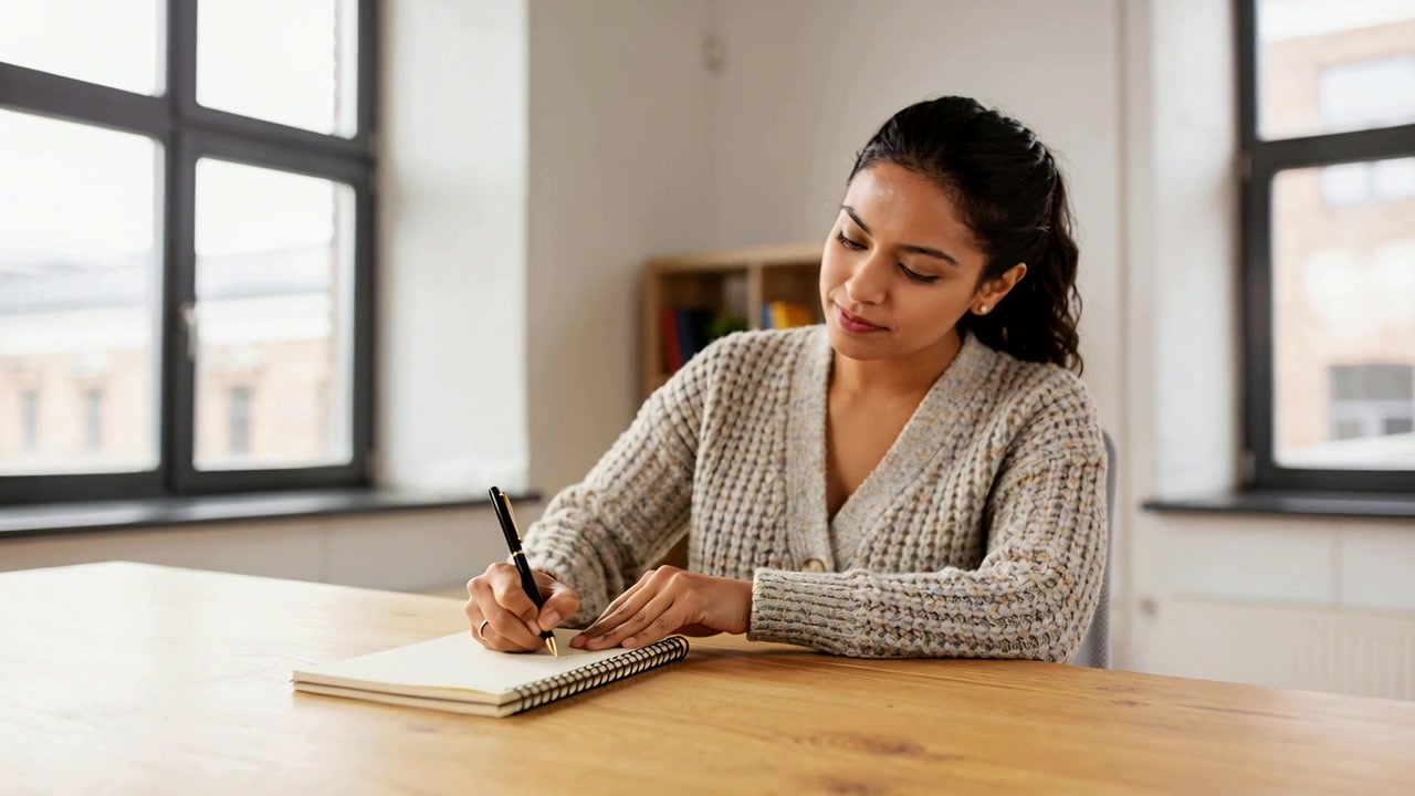 Smiling, reaching for black pen, woman taking notes in spiral-notebook at table wearing cardigan