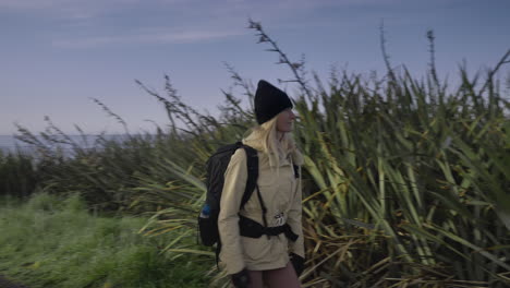 attractive blond female traveler walking on path between tall grass, waipapa point