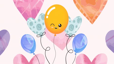 animation of colourful balloons and hearts on pink background