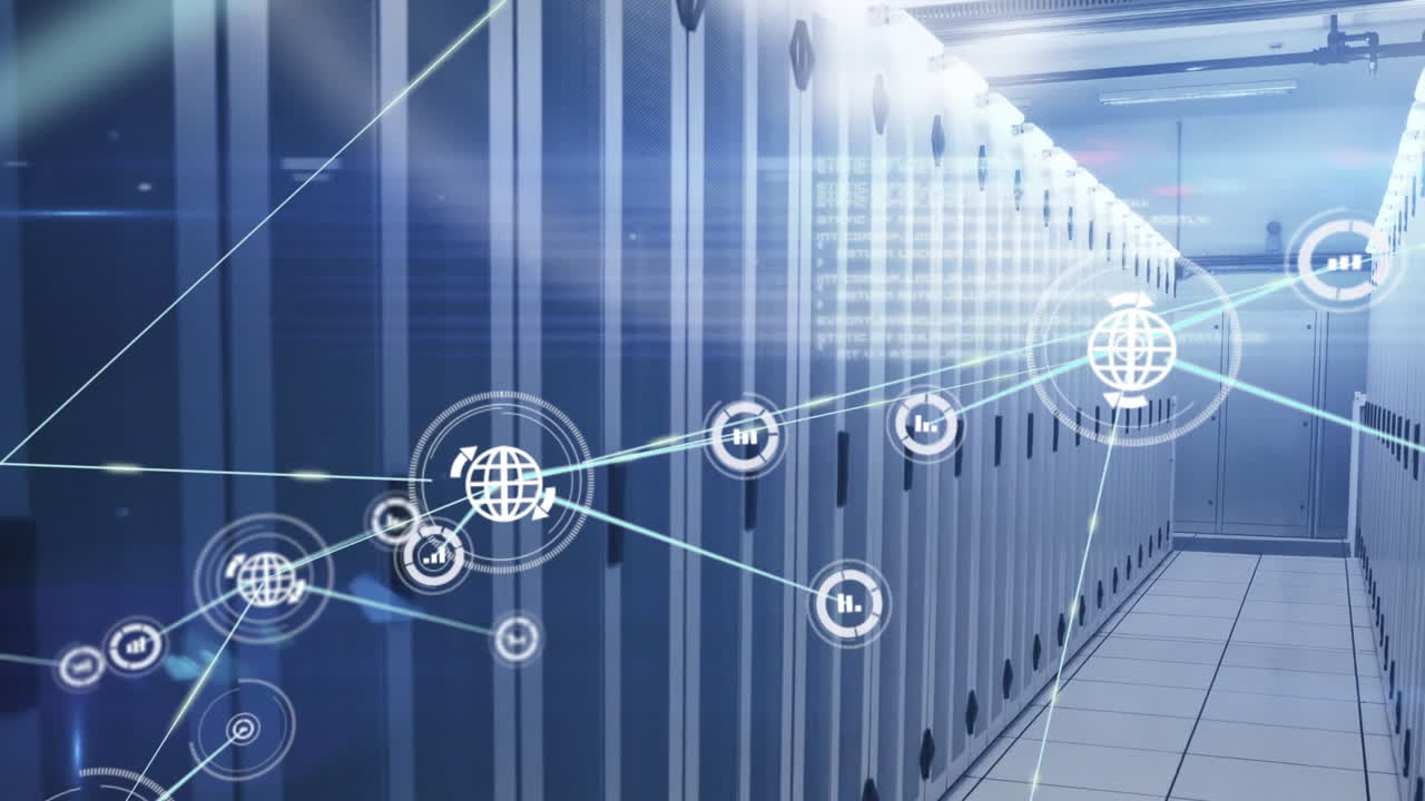 Animation of network of connections with globe and statistics icons
