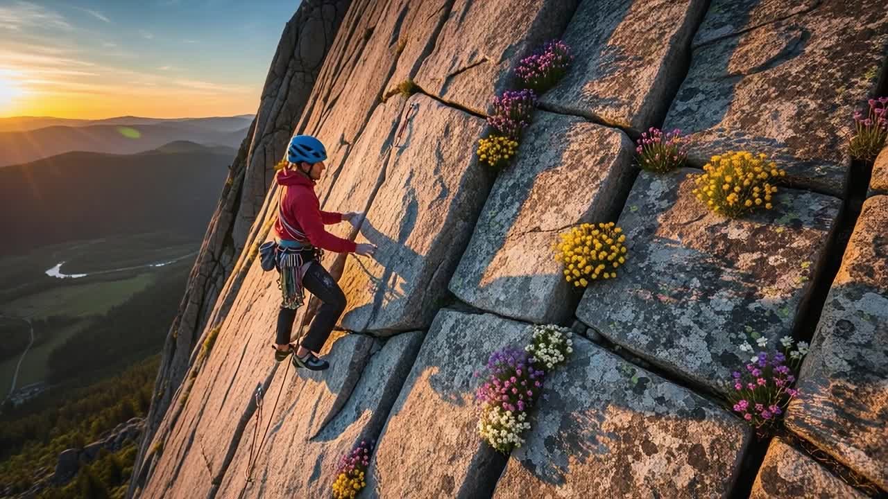 A Bold Climber Conquering a Vertical Rock Face Adorned with Vibrant Wildflowers Against a Stunning Sunset