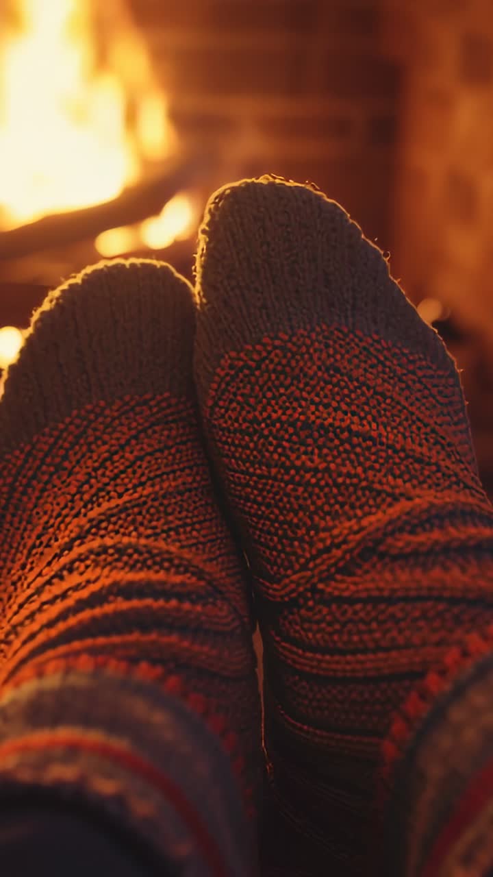 Vertical video: Crackling fireplace sparking feet wiggling for comfort in socks on footrest at home