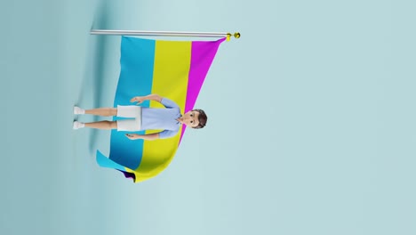 Mann-Winkt-Mit-Der-Hand,-Um-Vor-Der-Pansexuellen-Flagge-Hallo-Zu-Sagen,-Vertikales-Animationsvideo