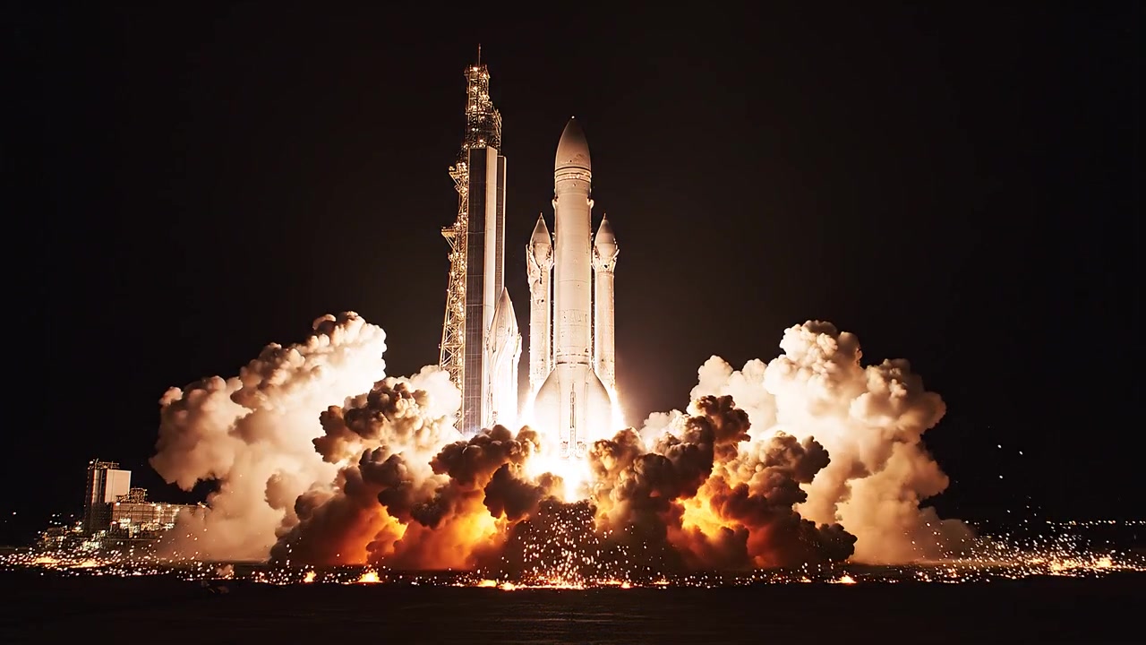 Night Rocket Launch with Powerful Fiery Exhaust on Launchpad