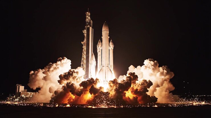 Night Rocket Launch with Powerful Fiery Exhaust on Launchpad