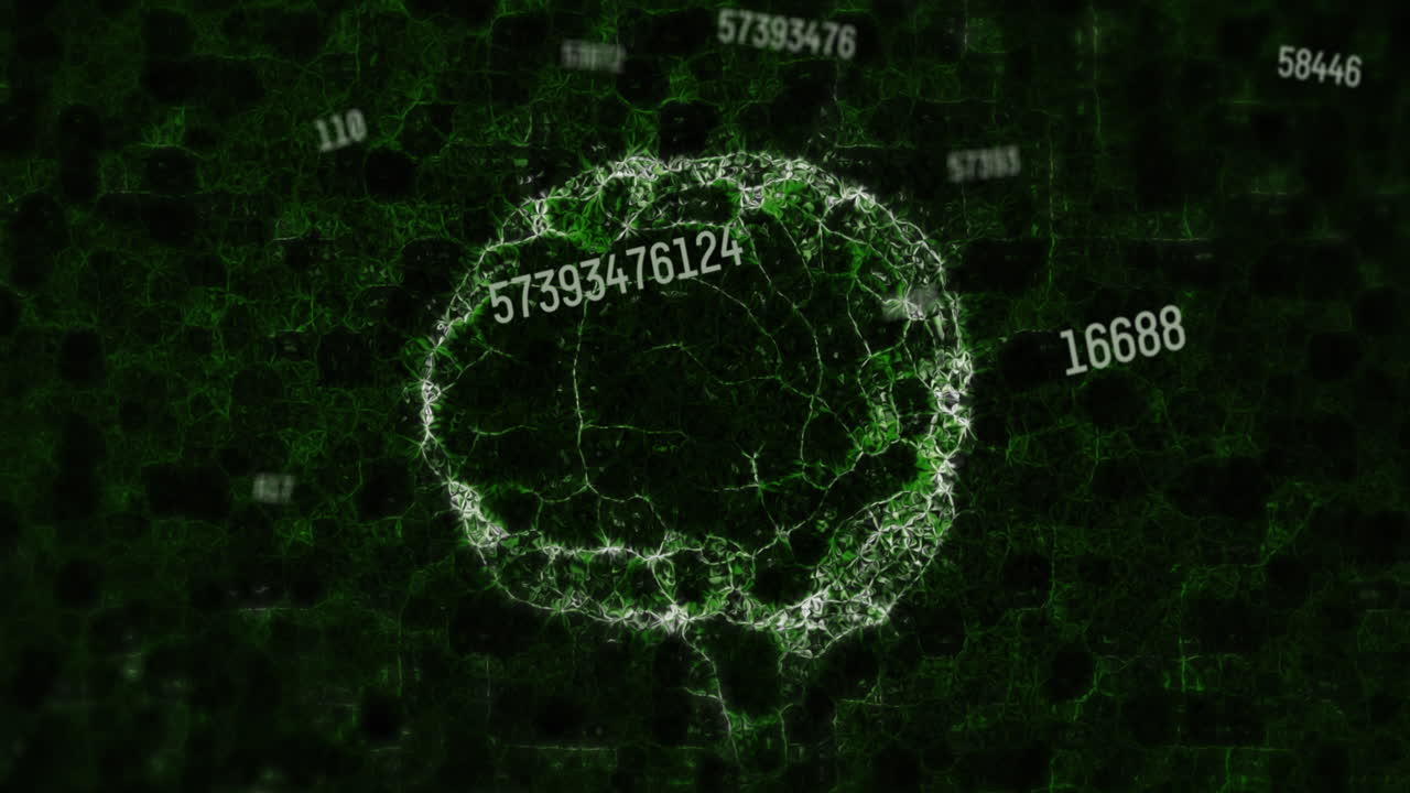 animación de números cambiantes flotantes sobre el modelo 3d del cerebro humano girando