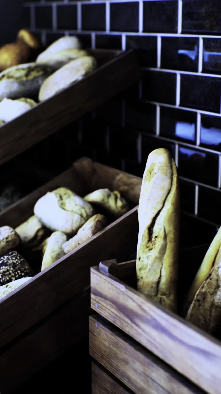 Freshly baked bread assortment displayed in rustic wooden baskets