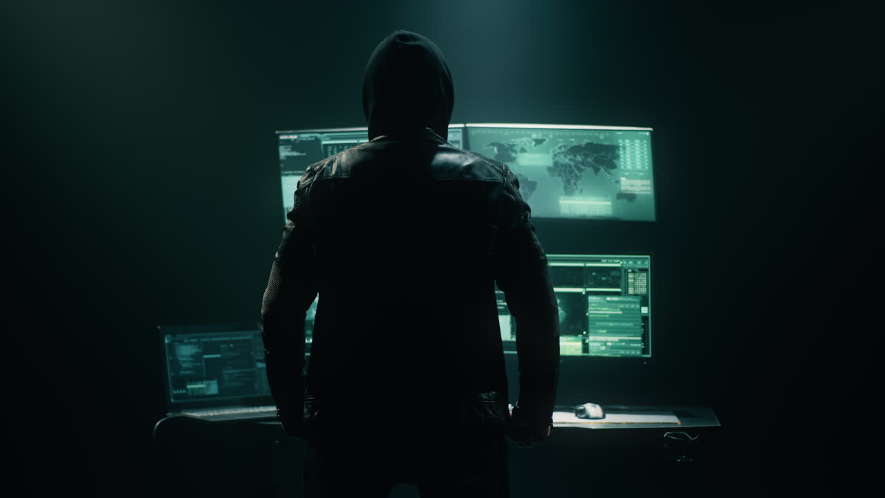 Hacker Back View in Dark Room with Multiple Screens