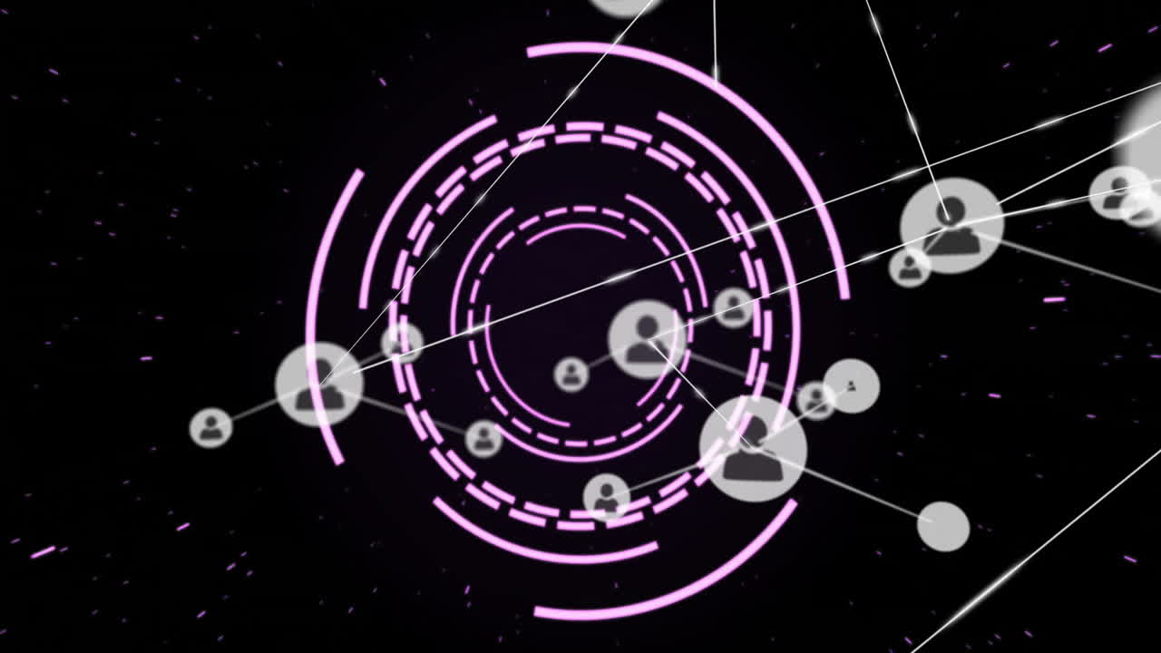 Circular digital interface with user icons, data processing animation