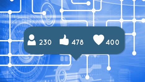 animación de la burbuja de habla con iconos de redes sociales sobre la red de conexión sobre fondo azul