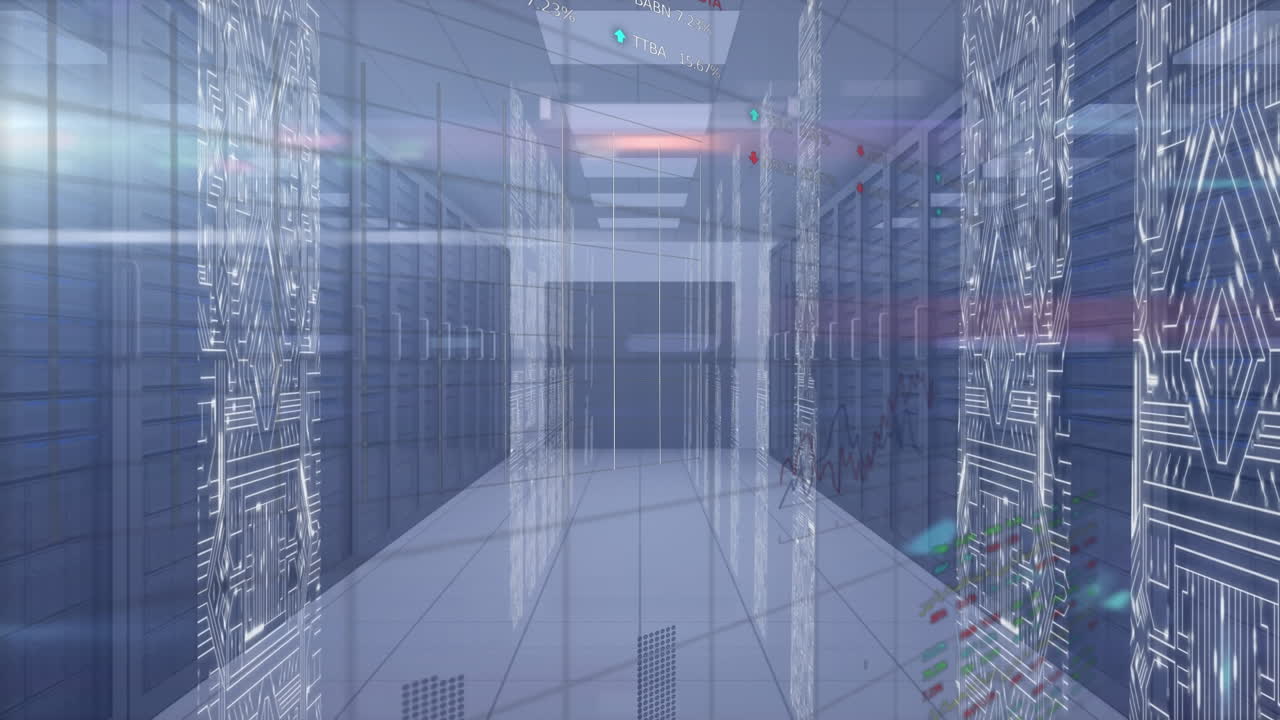 컴퓨터 서버 을 통해 마이크로 프로세서 연결을 가진 라이트 스과 화면의 애니메이션