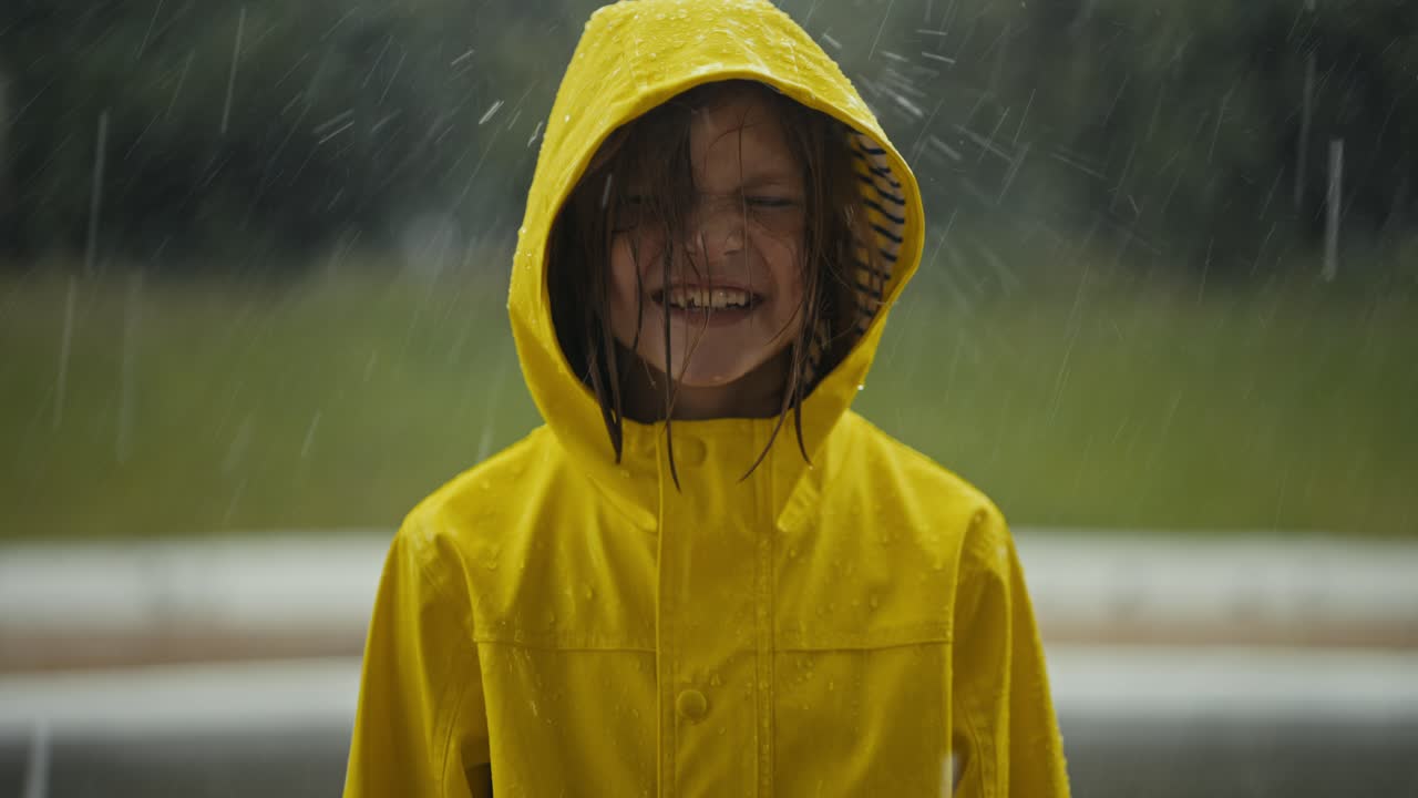 Portrait of a happy teenage girl in a yellow jacket standing in the rain and catching raindrops with her hood in the park