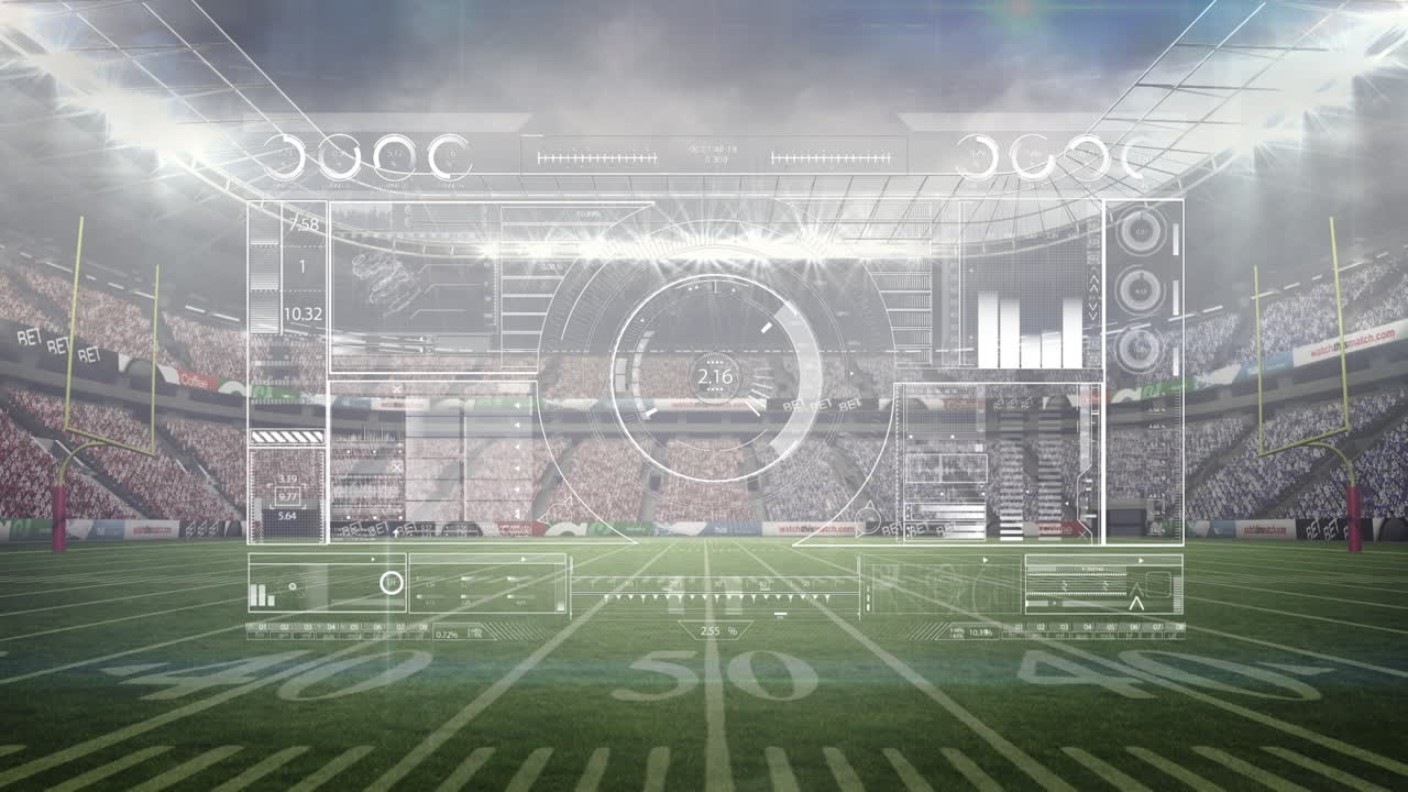 Animation of diverse data processing over american football stadium