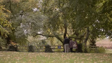 people in the park reading signs by pond