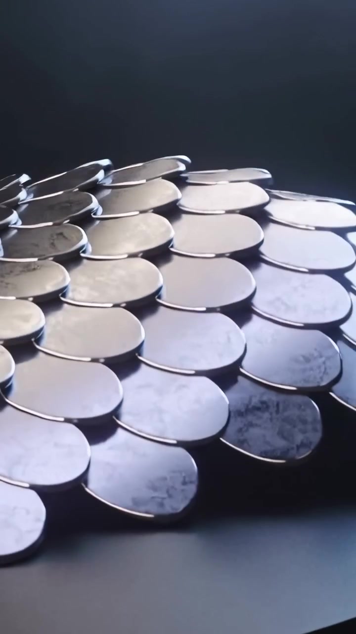 Vidéo verticale : travelling de caméra montrant des écailles métalliques ovales sur une table sombre, révélant des traces.