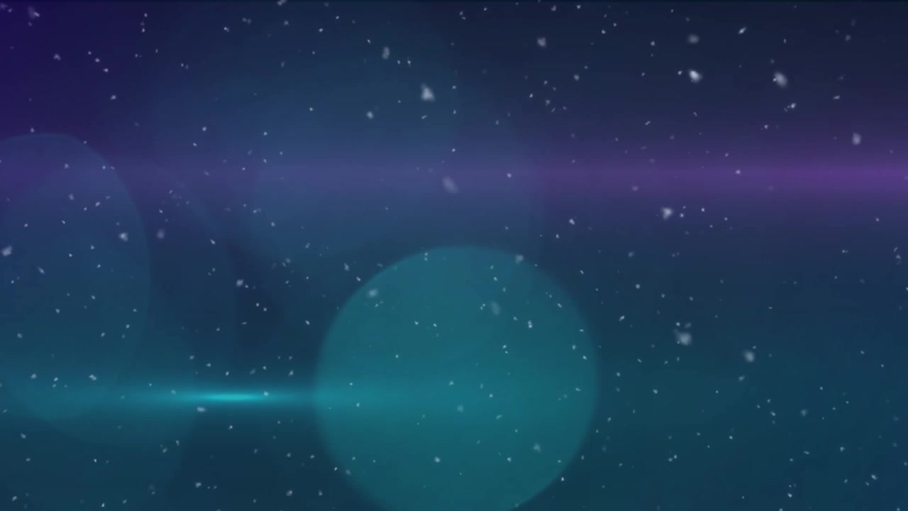 冬の情景に光の粒と雪が舞い落ちるアニメーション。
