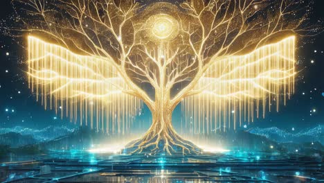 golden tree of life in a mystical digital cosmos