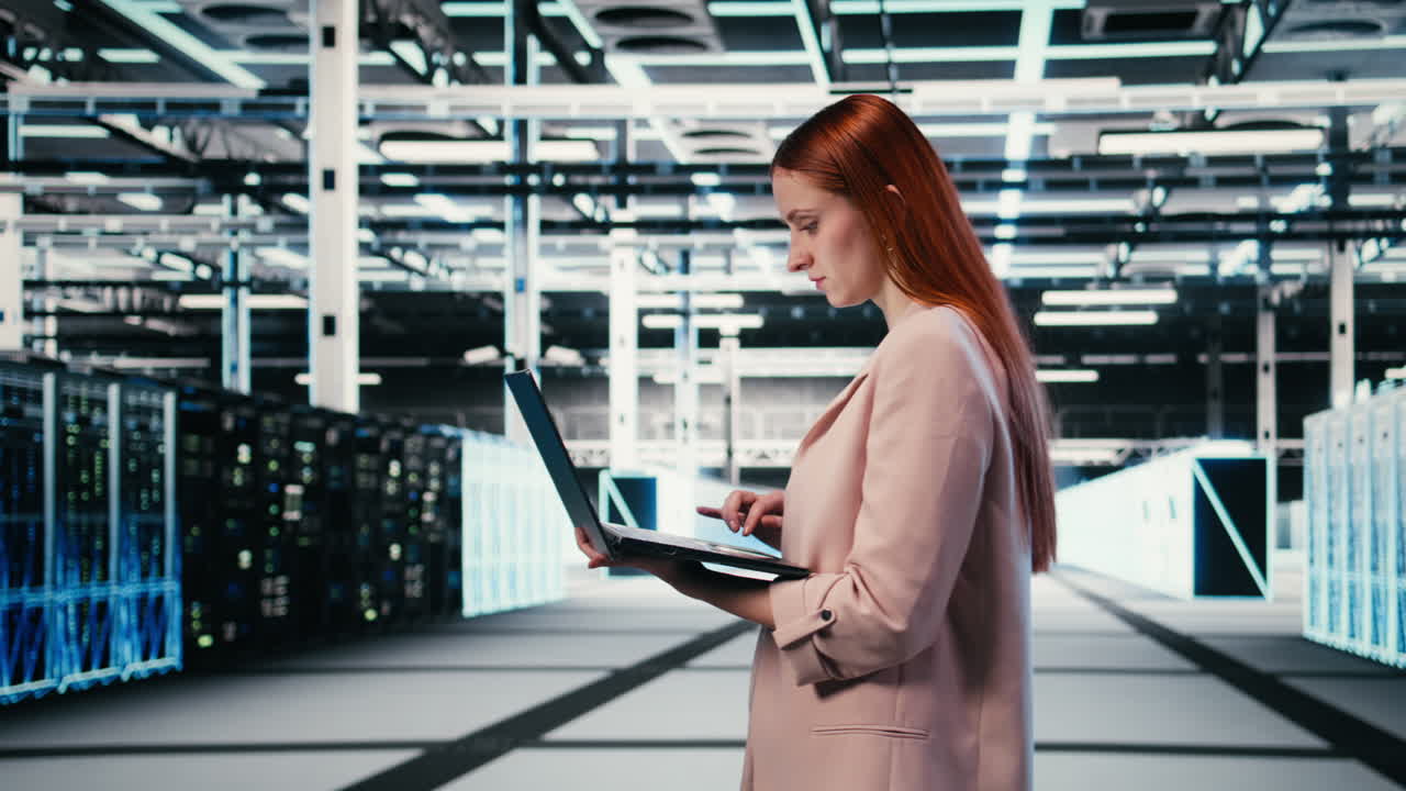 Female IT Professional Working on Laptop in a Data Center