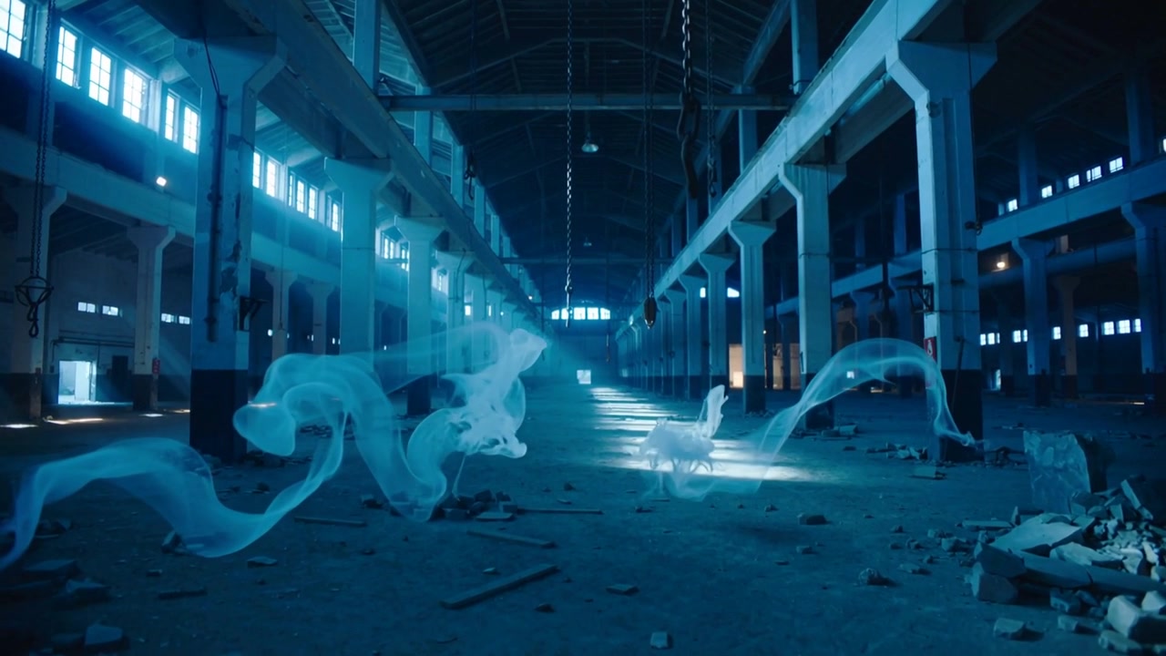 Light shafts guiding glowing blue ribbons rising and flowing across industrial hall pillars, rubble