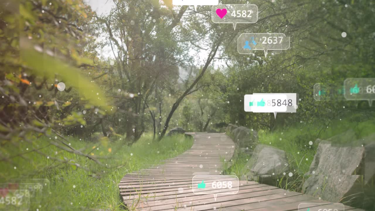 Multiple speech bubbles with social media icons and increasing numbers against park