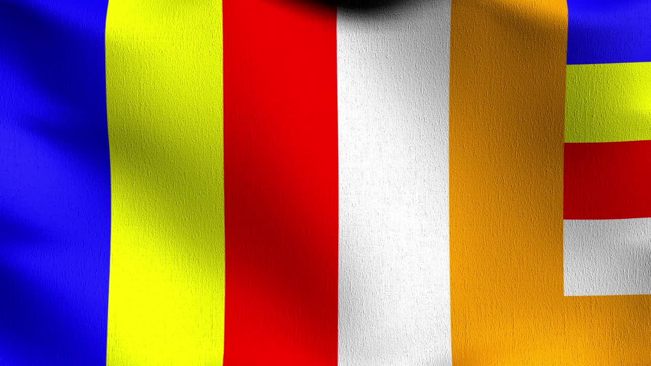 bucle sin costura 4k vdo. bandera del budista. ilustración de renderización 3d del símbolo del signo ondulante.