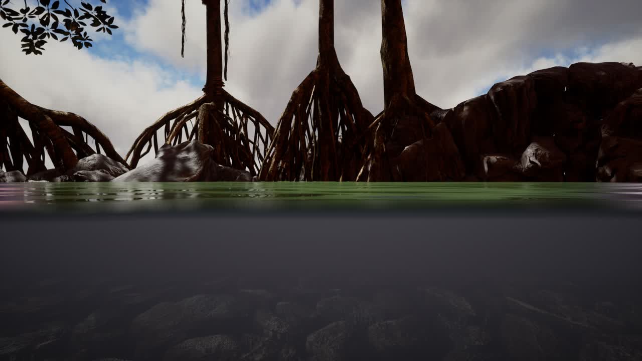 만그로브 나무 근처의 해수면 위와 해수면 아래