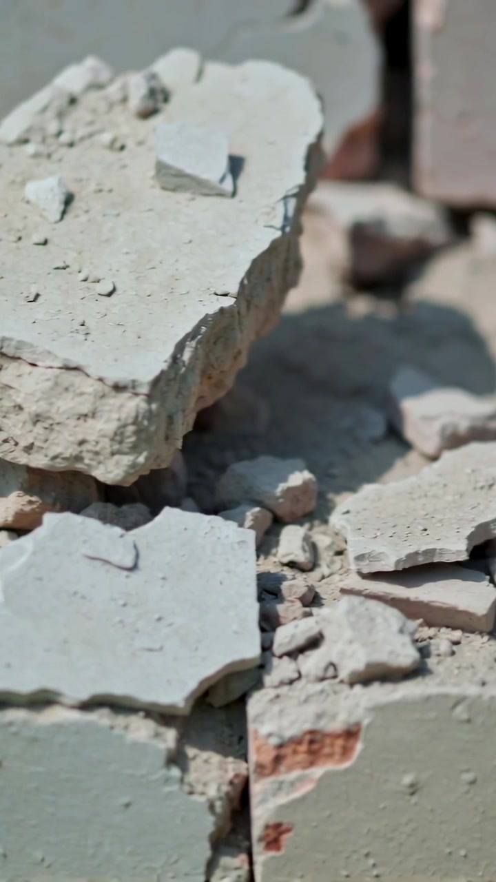 Vertical video: Panning camera over broken gray slabs at demo site, showing brick edge and staple