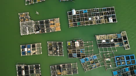 Top-down-abstract-aerial-of-aquafarming-using-floating-bamboo-structures,-Mertak