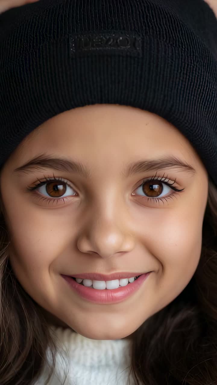 Vertical video: Smiling girl posing in room with camera turning on, adjusting beanie and sweater