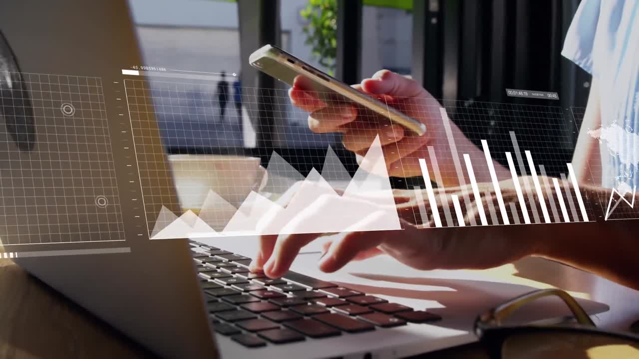 Animation of data processing over caucasian woman using laptop