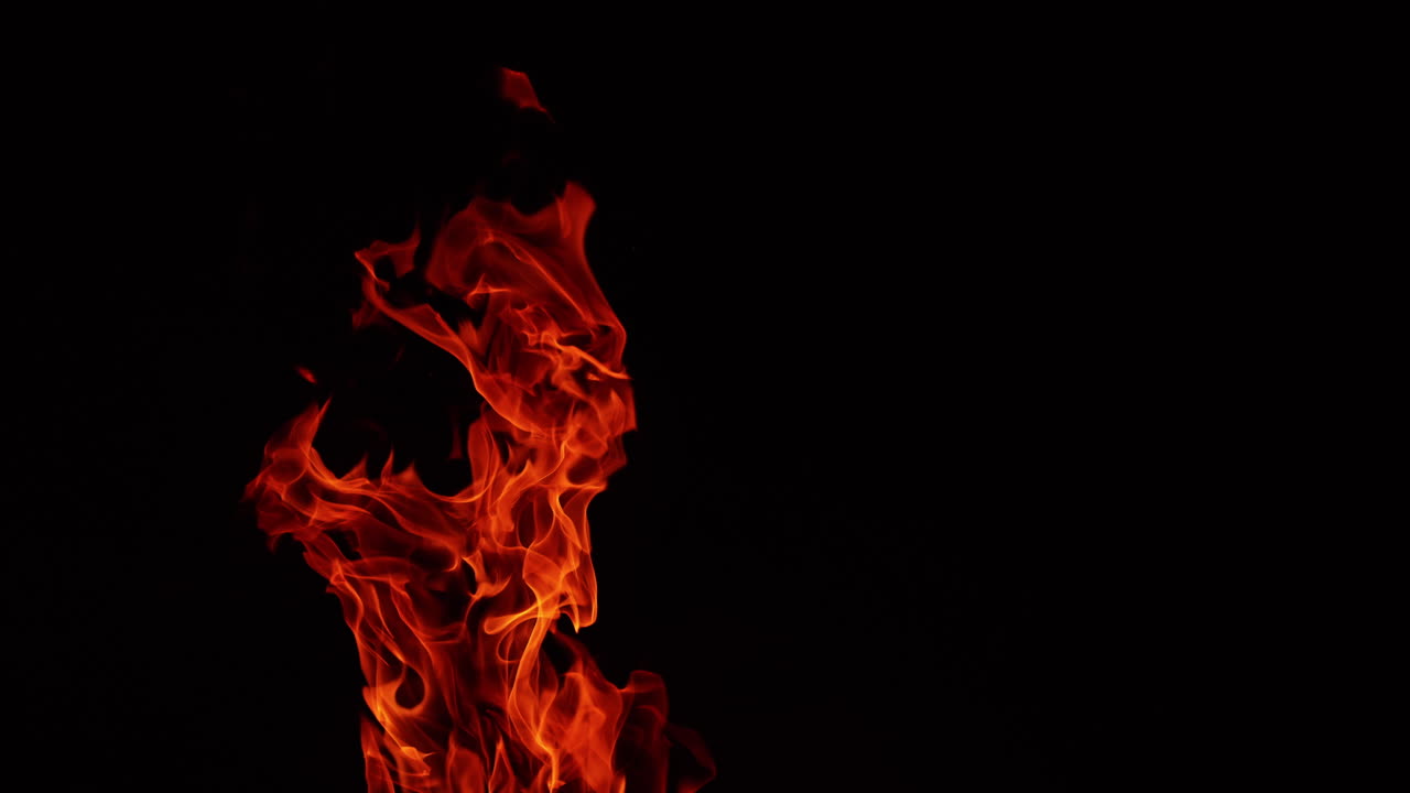 Flame of bonfire oscillating in the wind at night. Red hot fire tongues stretching up. Black backdrop.