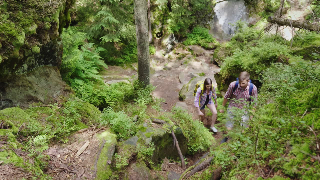 한 남자가 여자가 숲속 하이킹과 활동적인 생활 방식에서 가파른 길을 오르도록 도와줍니다.