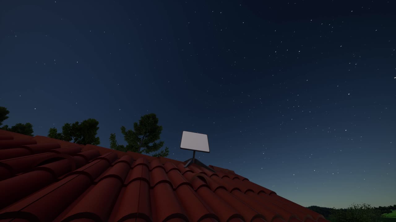 시골 집의 울타리에 위성 인터넷 수신기 접시의 3d 애니메이션.