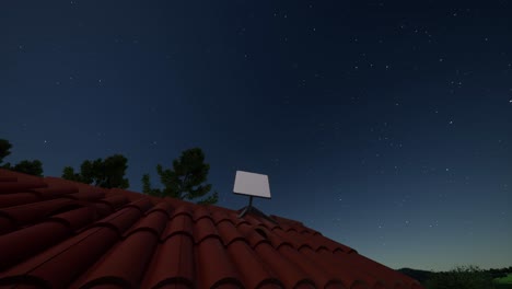 un tiro de animación en 3d de una antena receptora de internet por satélite en una valla de una casa rural.