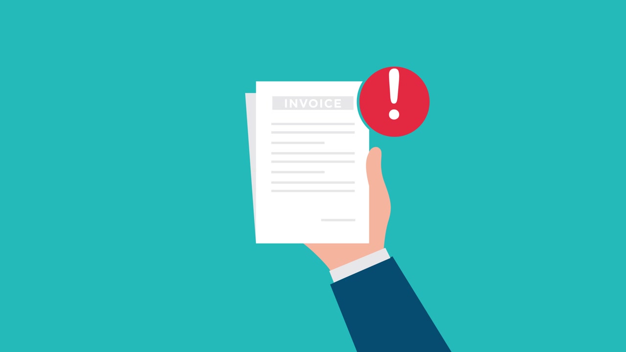 Cartoon Hand Holding Invoice Document with Red Alert Exclamation Mark