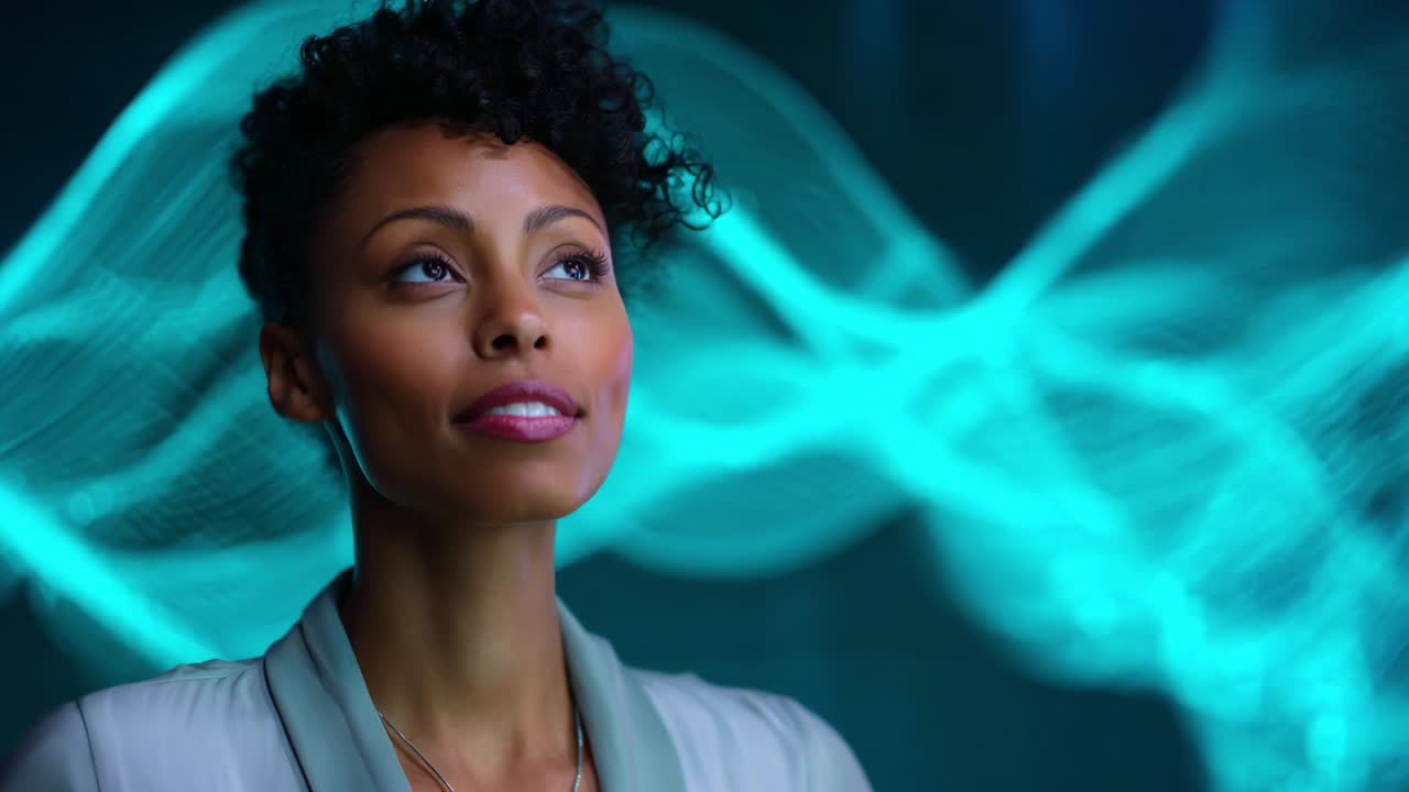 A contemplative woman gazing upward with a serene expression, set against a vivid backdrop of flowing blue and green wave patterns that evoke a sense of tranquility and inspiration