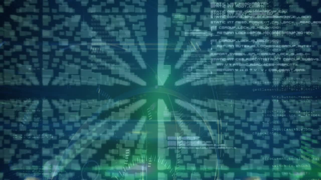 Animation of data processing and folders with online security padlock in background