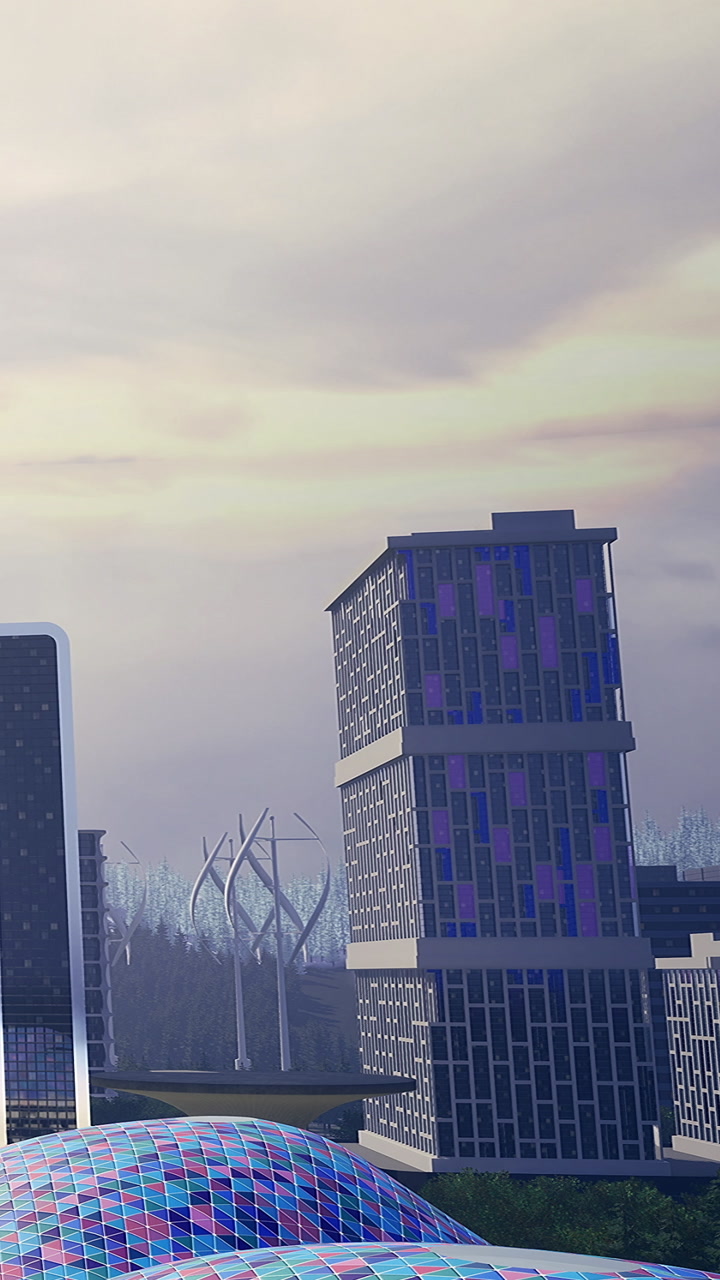 Modern building stands under the sky in a city at sunset time