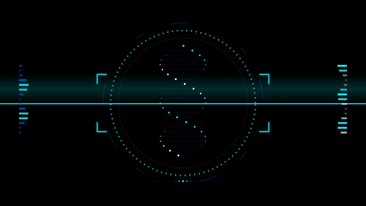 Digital DNA Helix Rotating in Futuristic HUD Interface