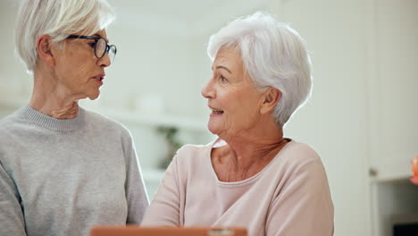 tablet, app and senior woman friends browsing