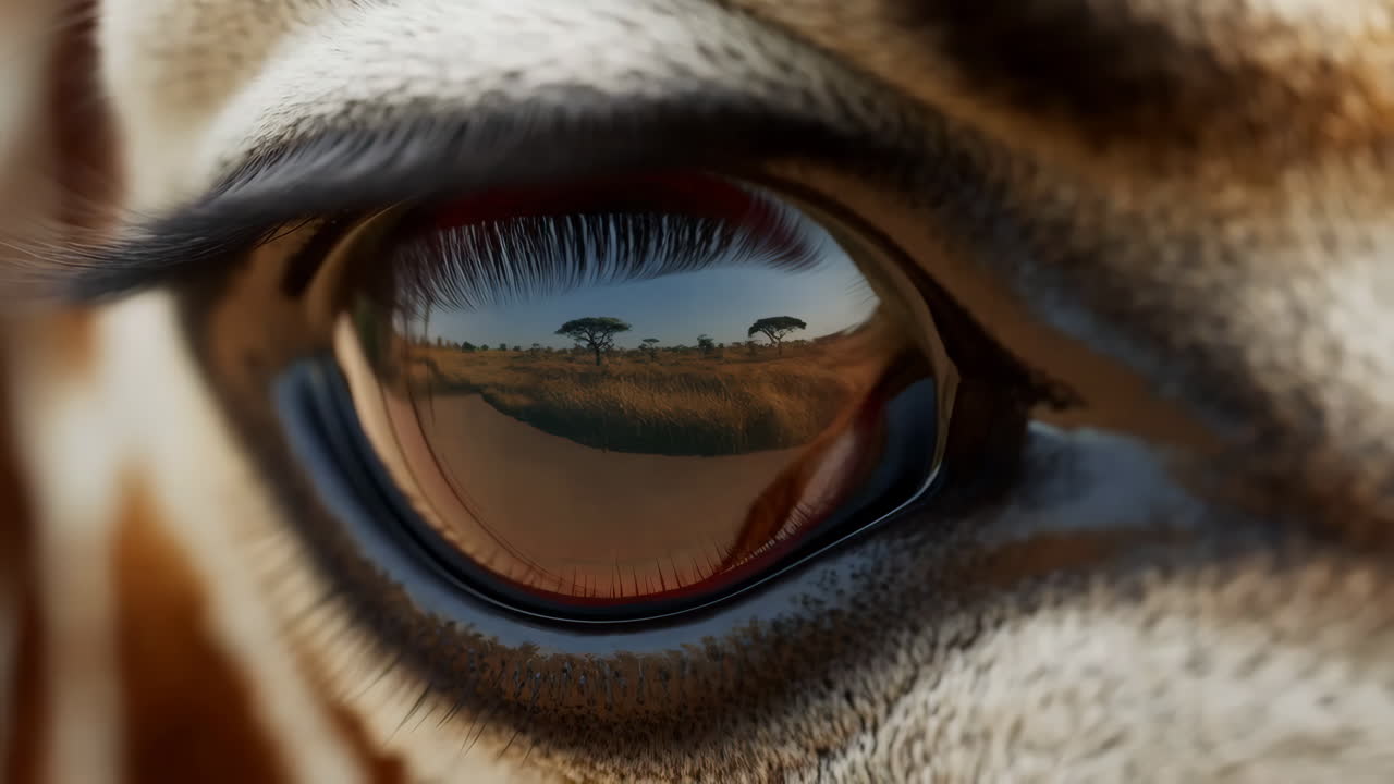 Close-Up of a Giraffe's Eye Reflecting the African Savanna