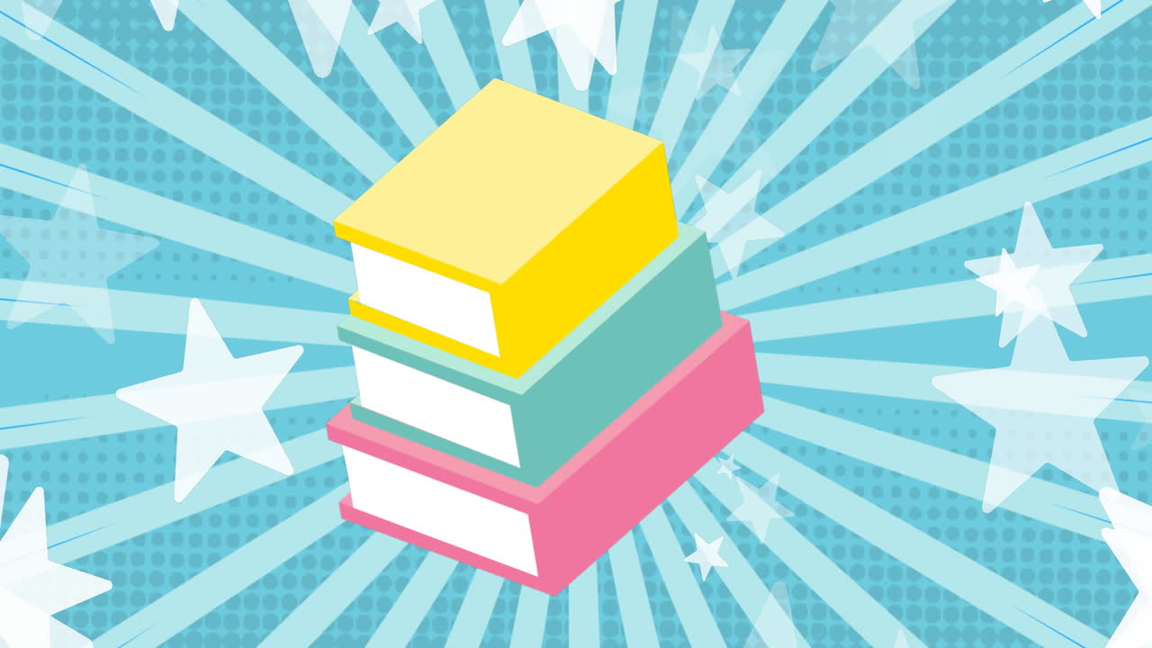 Animation of book icons over stars and stripes on blue background