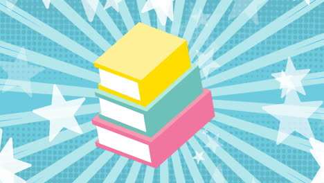 animation of book icons over stars and stripes on blue background