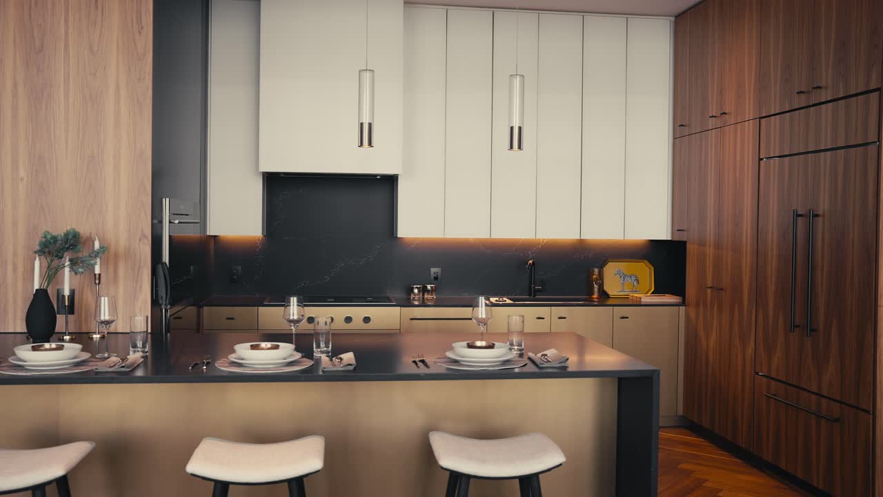 scatto in orbita di una cucina moderna a tonalità scura con armadi moderni e elettrodomestici con toni di nero, oro e legno