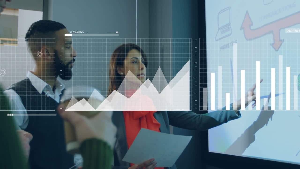 Animation of data processing and diagrams over diverse colleagues talking in office