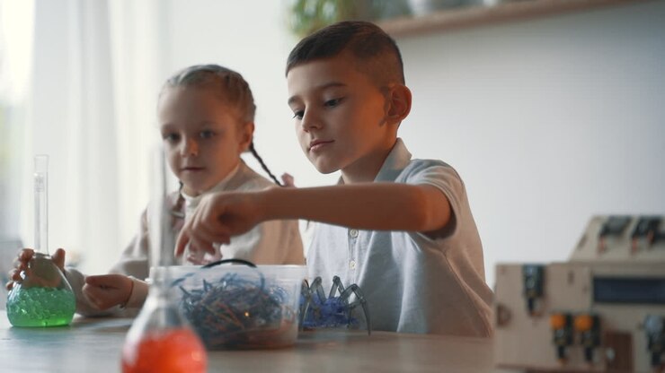Bambina e bambino interessati alla scienza e alla tecnologia