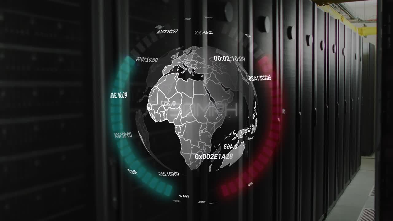 Animation of changing numbers over spinning globe and round scanner against computer server room