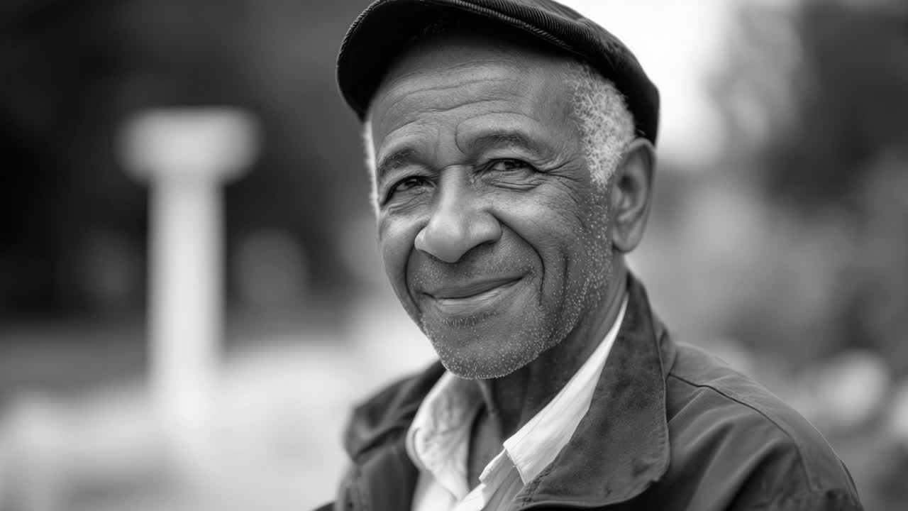 Un ritratto commovente di un anziano sorridente con un berretto, che irradia calore e saggezza in una foto in bianco e nero, evocando sentimenti di gioia e nostalgia
