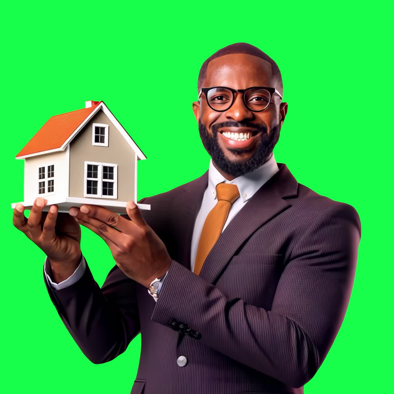 Smiling realtor holding house model animation, transparent 4K video ...