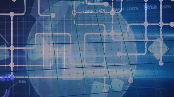 Animation of icons and financial data processing over globe
